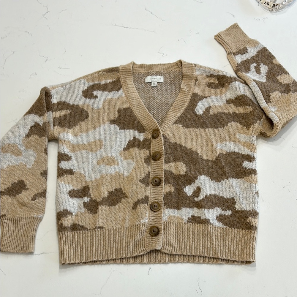 Lucky Brand Cardigan Sweater Womens  Beige Brown Camo Button Front - Size Small